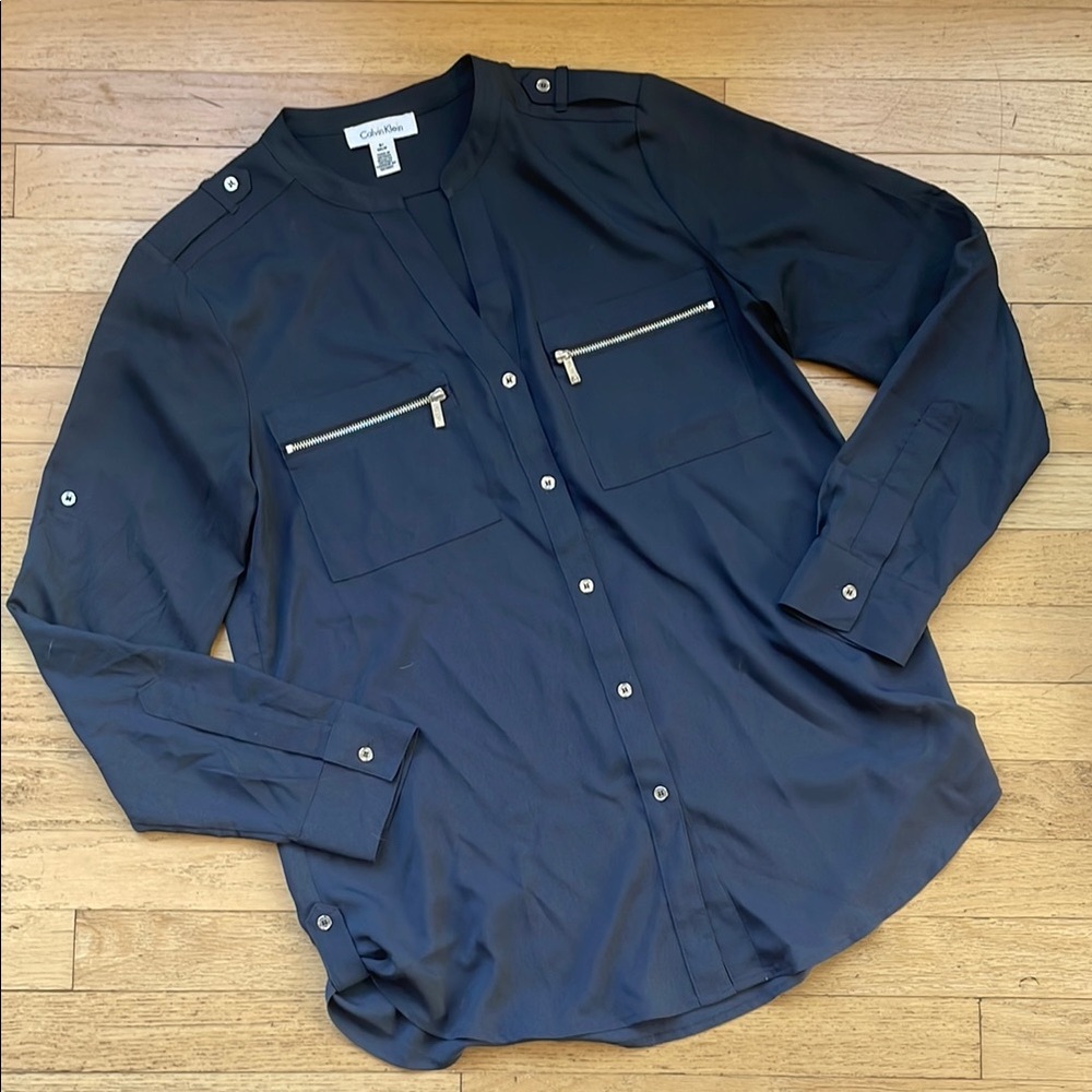 Calvin Klein Navy Blouse with Silver Zipper Details